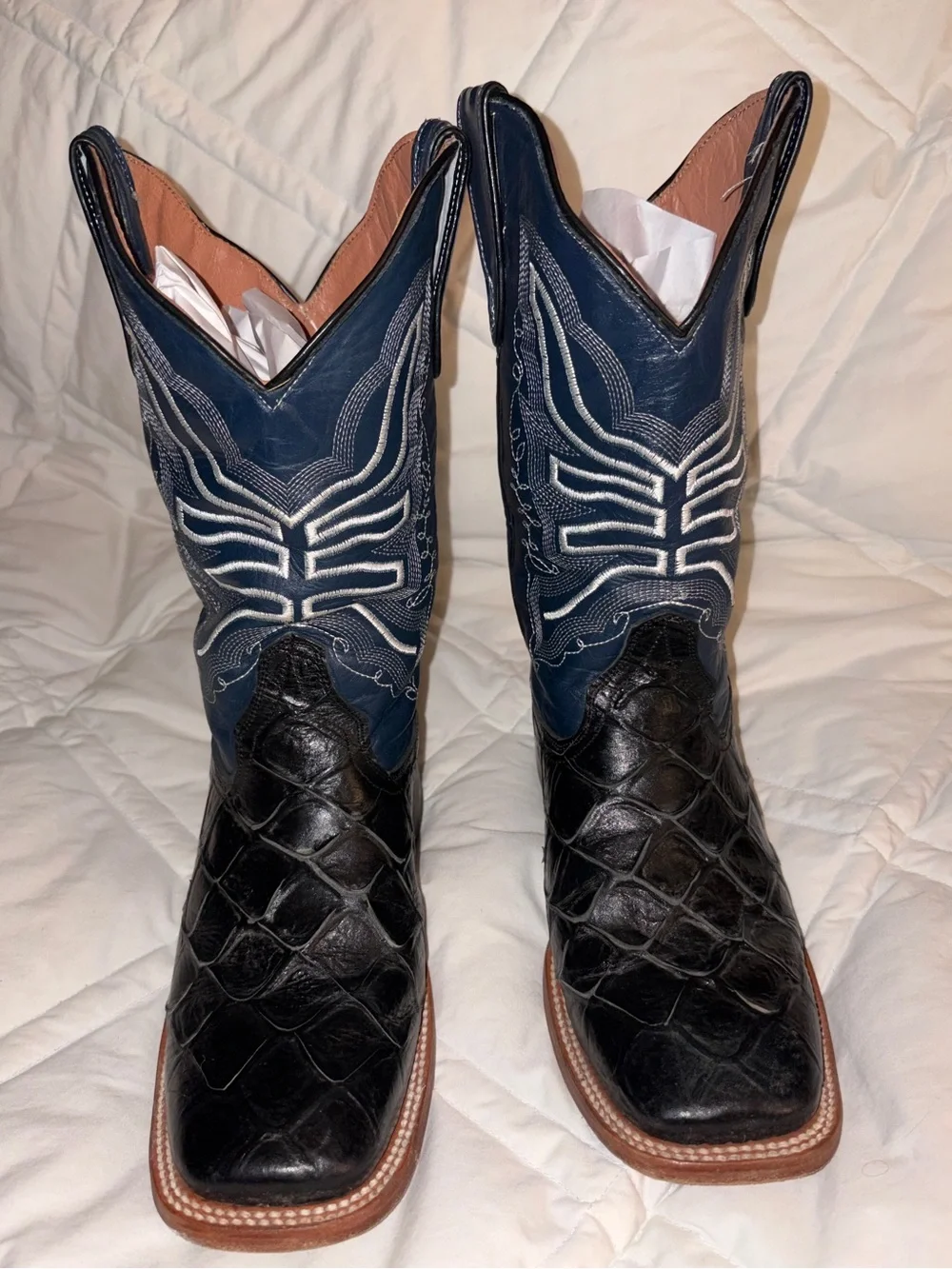 EUC Tanner Mark Mens Fish Print Western leather Boots - Square Toe